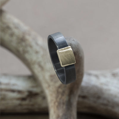 The Gunmetal 5mm Barrel Band with a yellow gold insert on a deer antler.